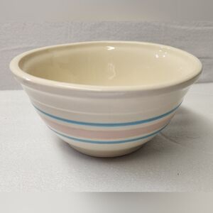 Vintage MCM Mccoy Stonecraft Cream Mixing Bowl Blue & Pink Stripes 8" OvenProof